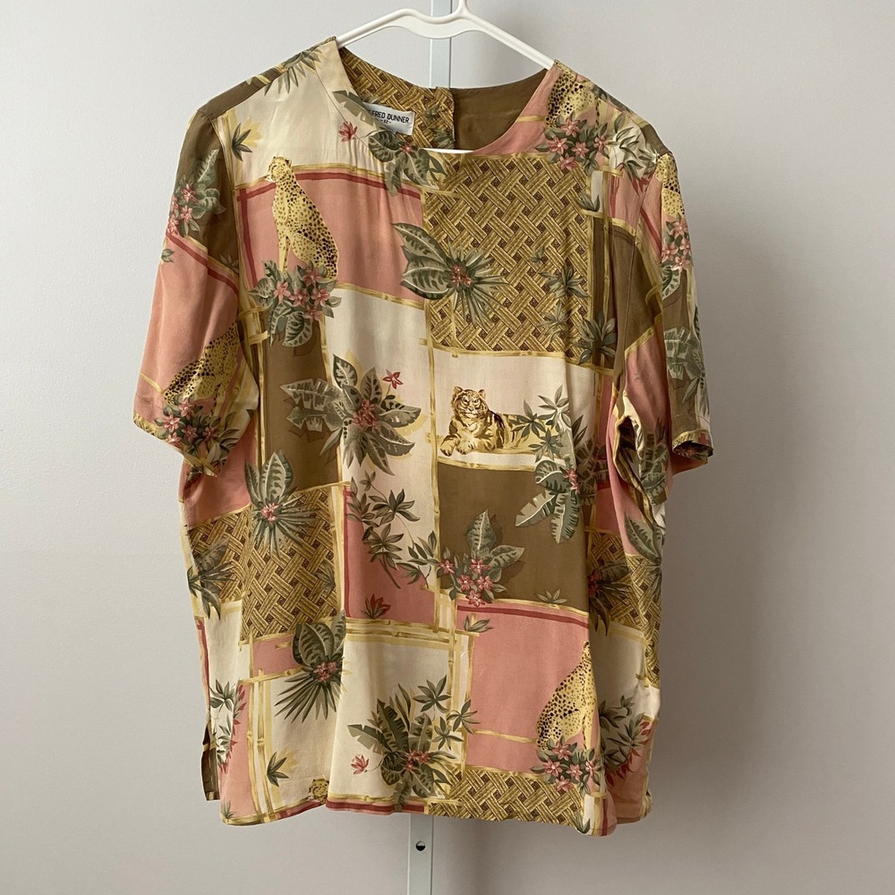 Alfred Dunner Silk Boho Tropical Safari Tiger Leopard Print Blouse 12 Multicolor